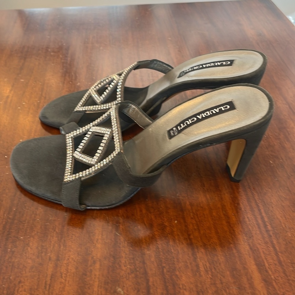 🍴Claudia Ciuti suede curved heel geometric rhinestone detail sandals